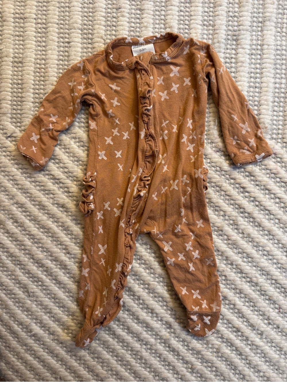 Toddler Rust Brown Footed One-Piece with White Cross Print - Ruffle Front